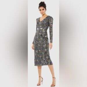 NWT Mac Duggal 5472 Long Sleeve Geometric Sequin Midi Dress sz 6 Charcoal/Gray
